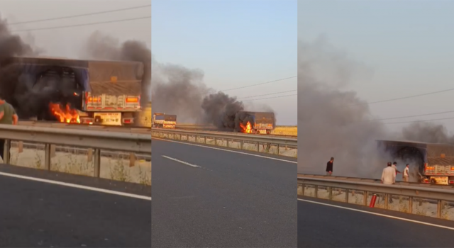 Şanlıurfa’da buğday yüklü kamyonun dorsesi alevlere teslim oldu