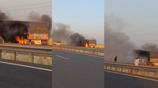 Şanlıurfa’da buğday yüklü kamyonun dorsesi alevlere teslim oldu